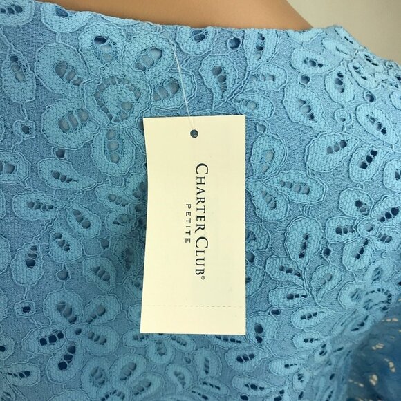 NWT Charter Club Dress Blue Lace Overlay Flutter Sleeve Pom Shift Mini Dress - Picture 9 of 9